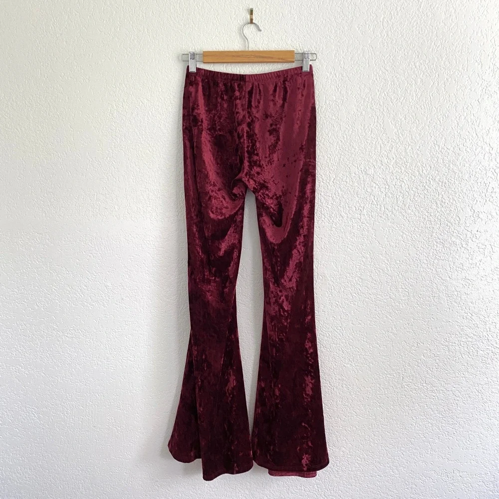 EMMA‎ & SAM Cranberry Red Crushed Velvet Bell Bottom Flare Stretch Legging Pants